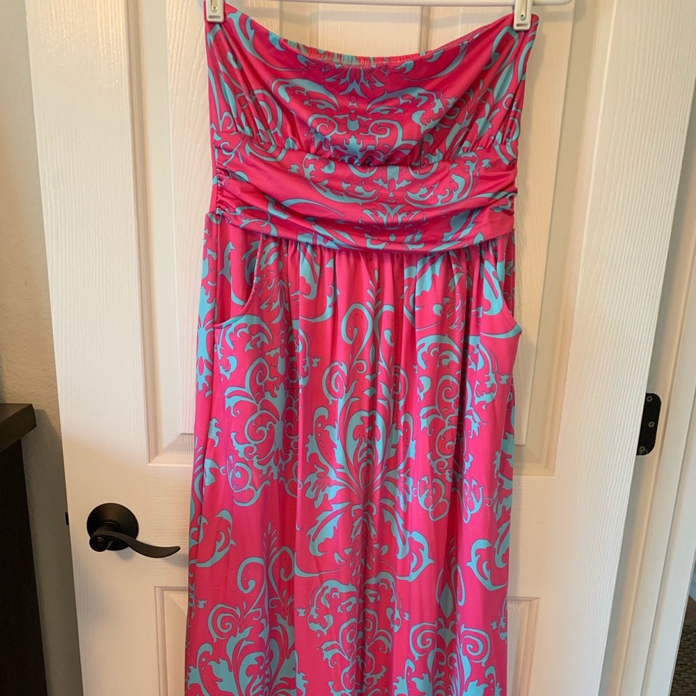 Baroque Print Strapless Maxi Dress